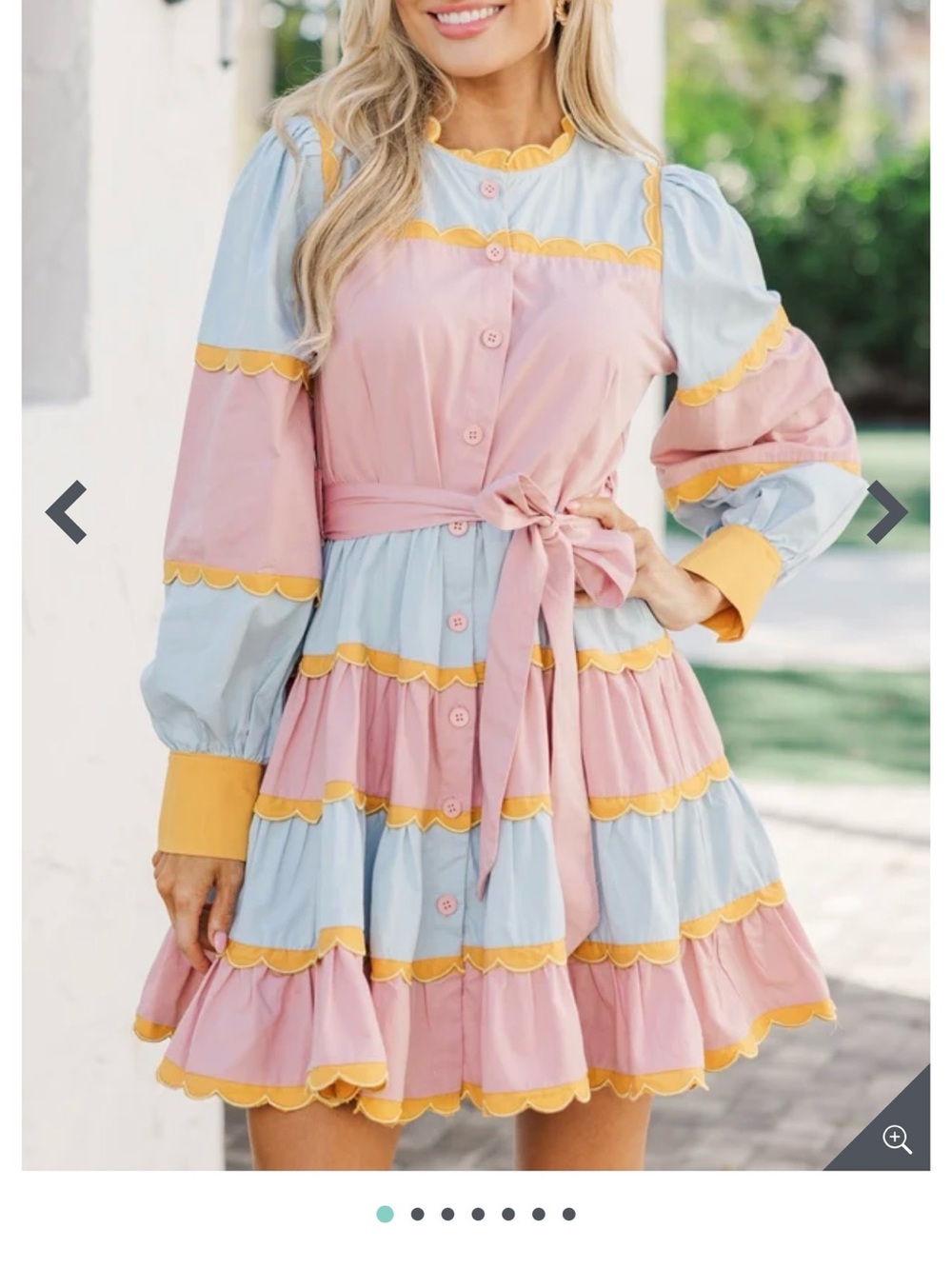 TCEC Pastel Blue & Pink Dress with Yellow Scalloped Trim